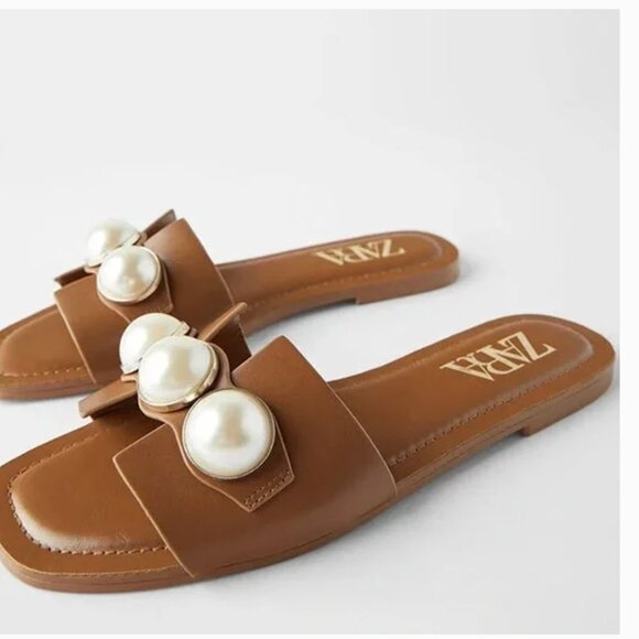 Zara Women's Tan Leather Flat Sandals with Pearl Accent - Picture 3 of 7